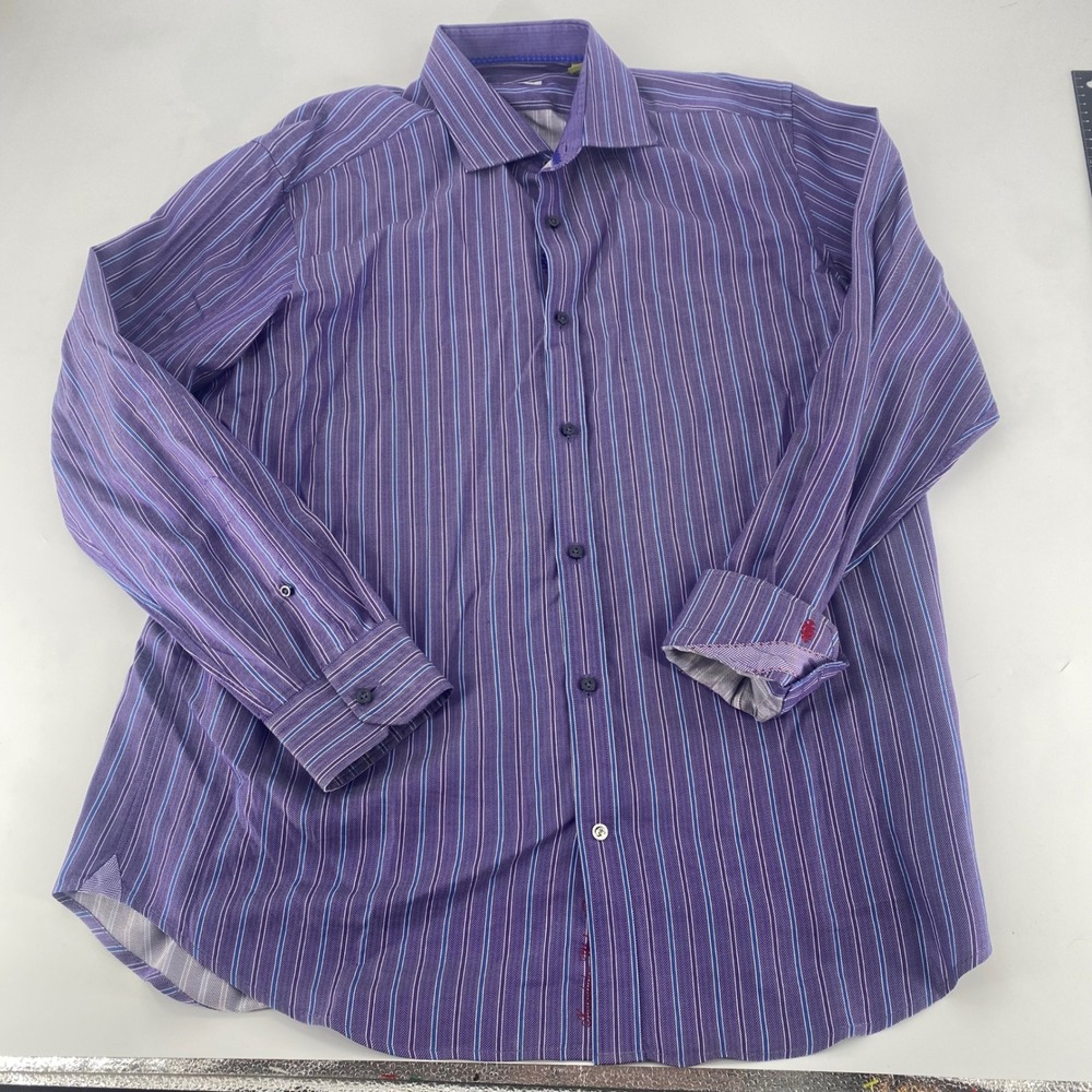 Robert Graham Mens Purple Striped Herringbone Cotton Button Down Shirt 43 17